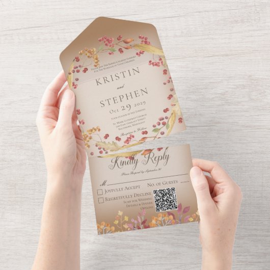 Rustic Autumn Leaf & Berry Wreath Brown QR Code All In One Uitnodiging (Afscheurbaar)