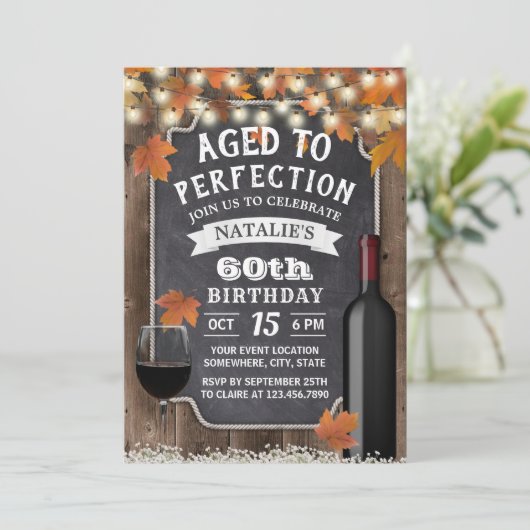 Rustic Autumn Leaves 60th Birthday Wine Party Kaart (Staand voorkant)