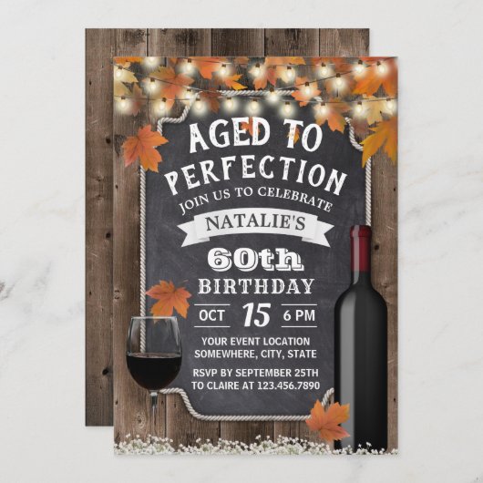 Rustic Autumn Leaves 60th Birthday Wine Party Kaart (Voorkant / Achterkant)