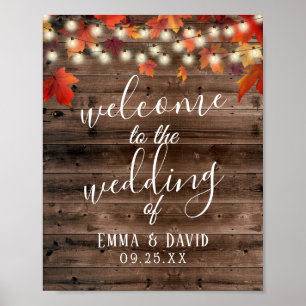 Rustic Autumn Leaves Barn Wood Wedding Sign Poster