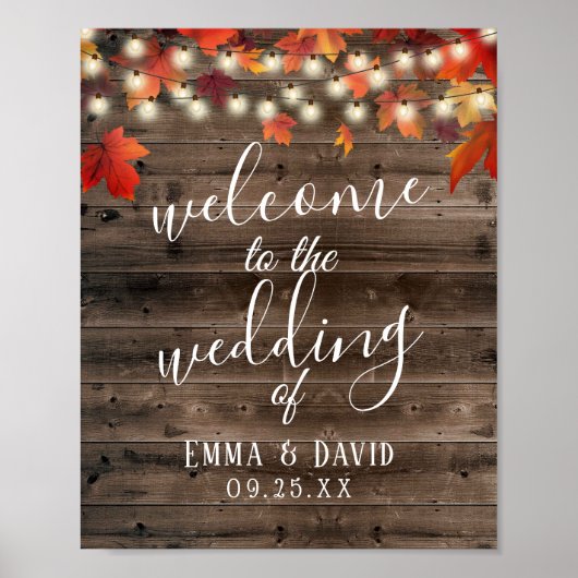 Rustic Autumn Leaves Barn Wood Wedding Sign Poster (Voorkant)