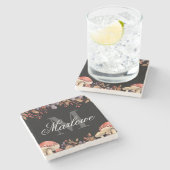 Rustic Autumn Leaves Black White Monogram Stenen Onderzetter (Zijkant)