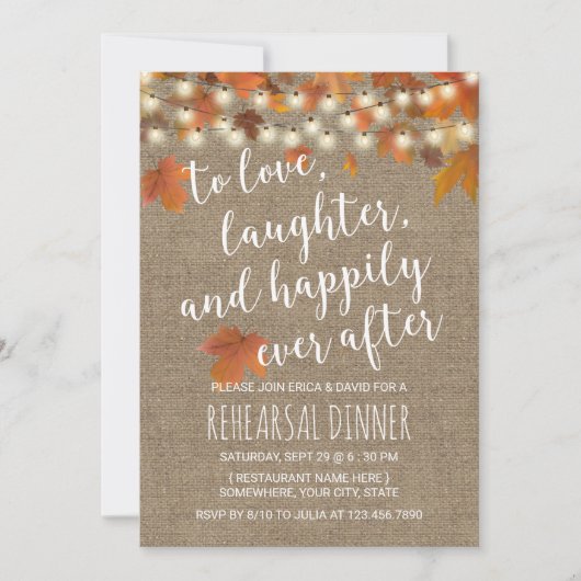 Rustic Autumn Leaves Burlap Rehearsal Dinner Kaart (Voorkant)