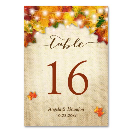 Rustic Autumn Leaves Burlap Wedding Table Number Kaart (Voorkant)