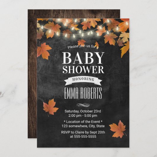 Rustic Autumn Leaves Chalkboard Baby shower Kaart (Voorkant / Achterkant)