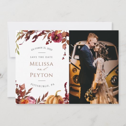 Rustic Autumn Leaves en Pumpkin Save the Date (Voorkant)