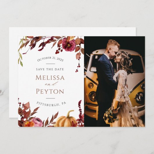 Rustic Autumn Leaves en Pumpkin Save the Date (Voorkant / Achterkant)