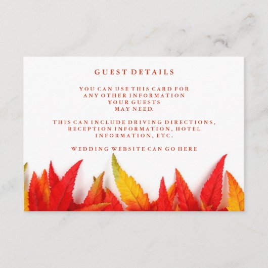 Rustic Autumn Leaves Fall Wedding Guest Details Informatiekaartje (Voorkant)