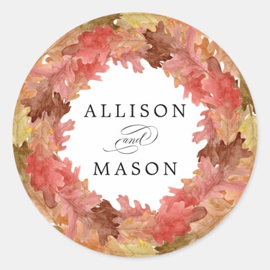 Rustic Autumn Leaves Herfst Wreath Wedding Ronde Sticker (Voorkant)
