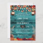 Rustic Autumn Leaves Lantern Blauwgroen Barn Weddi Kaart (Voorkant)