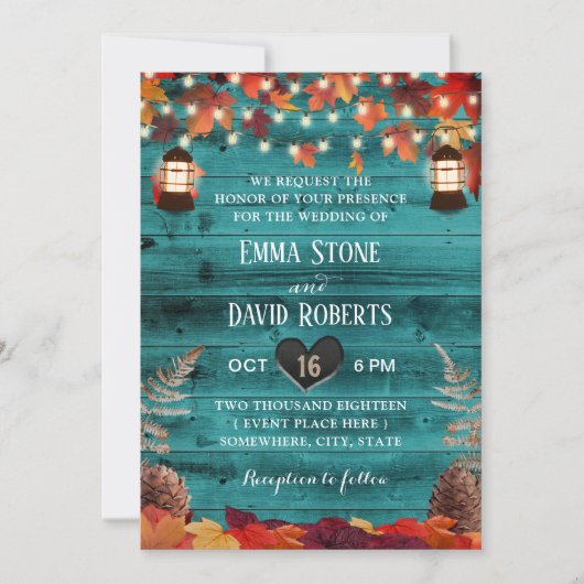 Rustic Autumn Leaves Lantern Blauwgroen Barn Weddi Kaart (Voorkant)