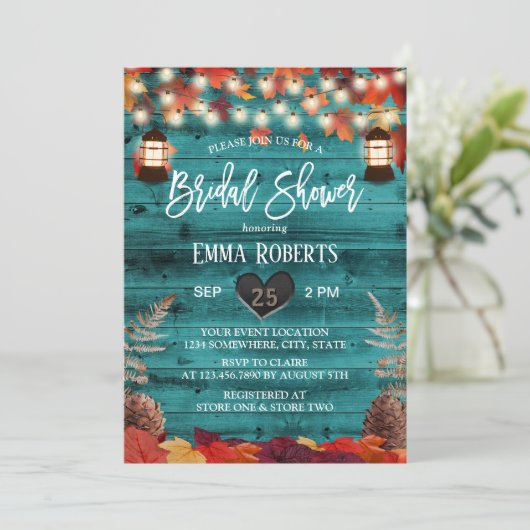 Rustic Autumn Leaves Lantern Blauwgroen Vrijgezell Kaart (Staand voorkant)