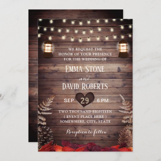 Rustic Autumn Leaves  Lantern Fall Wedding Kaart (Voorkant / Achterkant)