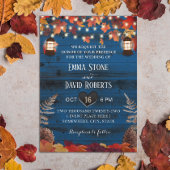 Rustic Autumn Leaves Lantern Navy Barn Wedding Kaart