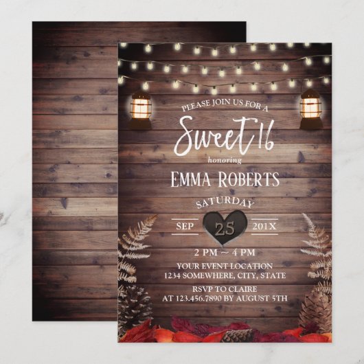 Rustic Autumn Leaves Lantern Sweet 16 Kaart (Voorkant / Achterkant)