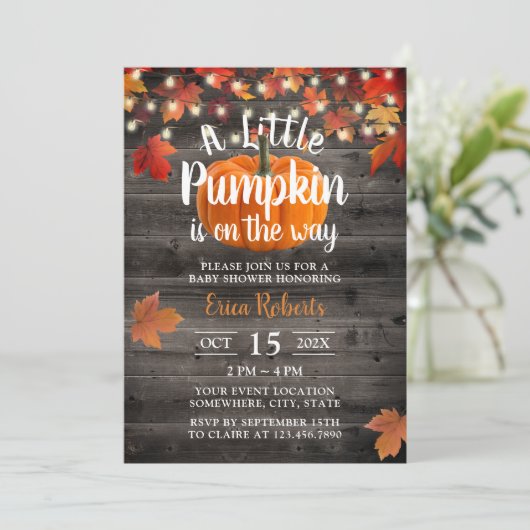 Rustic Autumn Leaves Little Pumpkin Baby shower Kaart (Staand voorkant)