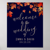 Rustic Autumn Leaves Navy Wedding Welcome Sign Poster (Voorkant)