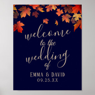 Rustic Autumn Leaves Navy Wedding Welcome Sign Poster