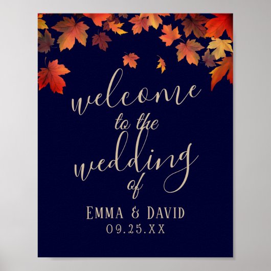 Rustic Autumn Leaves Navy Wedding Welcome Sign Poster (Voorkant)