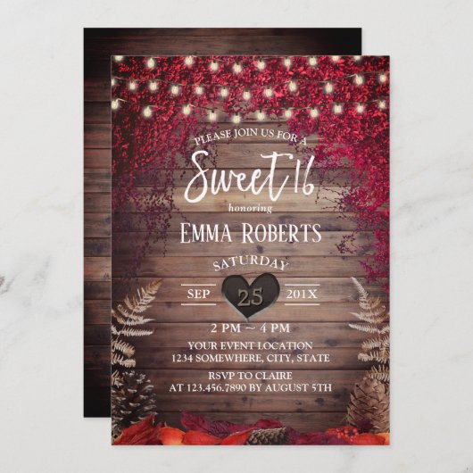 Rustic Autumn Leaves String Lights Barn Sweet 16 Kaart (Voorkant / Achterkant)