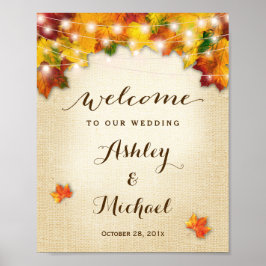 Rustic Autumn Leaves String Lights Wedding Sign Poster