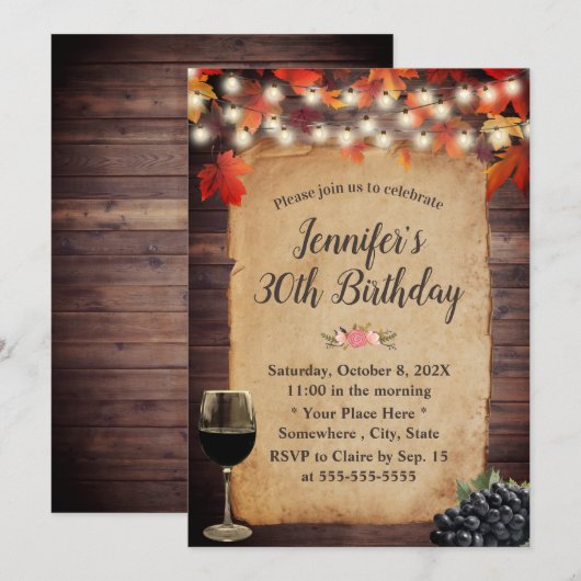 Rustic Autumn Leaves String Lights Wine Birthday Kaart (Voorkant / Achterkant)