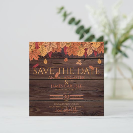 Rustic Autumn Leaves trouwaankondiging Save The Date (Staand voorkant)