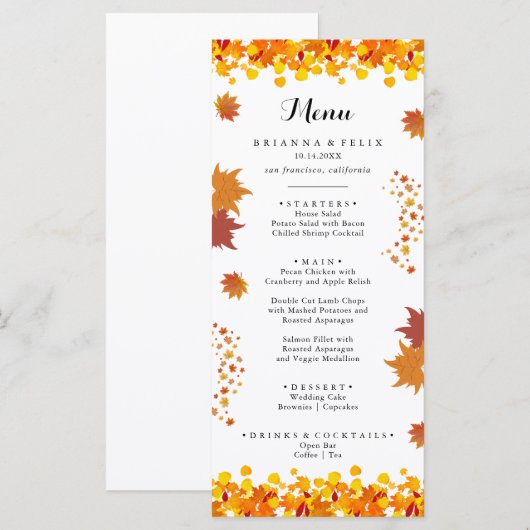 Rustic Autumn Leaves Wedding Menu (Voorkant / Achterkant)