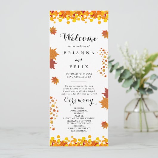 Rustic Autumn Leaves Wedding Programmakaart (Staand voorkant)