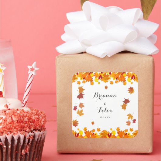 Rustic Autumn Leaves Wedding Vierkante Sticker (Feest)