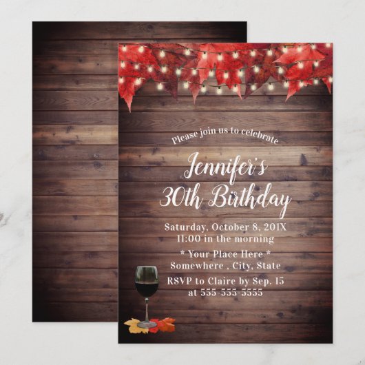 Rustic Autumn Leaves Wine 30th Birthday Kaart (Voorkant / Achterkant)