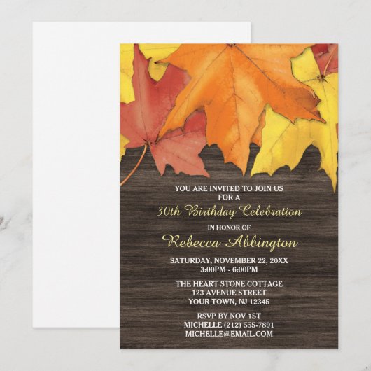 Rustic Autumn Leaves Wood Birthday Invitations Kaart (Voorkant / Achterkant)