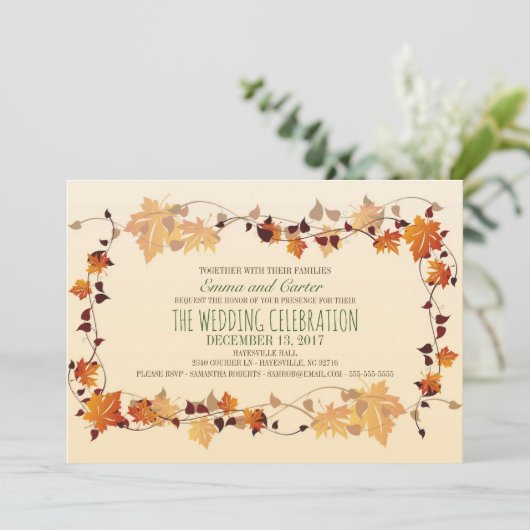 Rustic Autumn Leaves Wreath Wedding Uitnodiging (Staand voorkant)