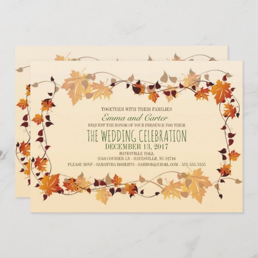 Rustic Autumn Leaves Wreath Wedding Uitnodiging (Voorkant / Achterkant)