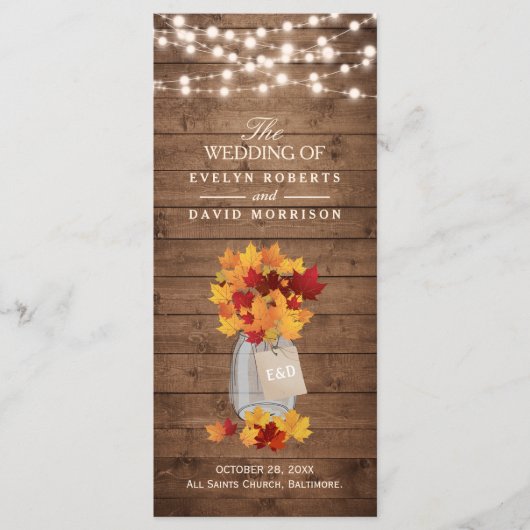 Rustic Autumn leves String Lights Wedding Program Programmakaart (Voorkant)