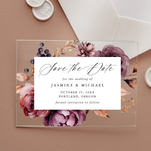 Rustic Autumn Marsala Bloem Bruiloft Save the Date Acryl Uitnodigingen