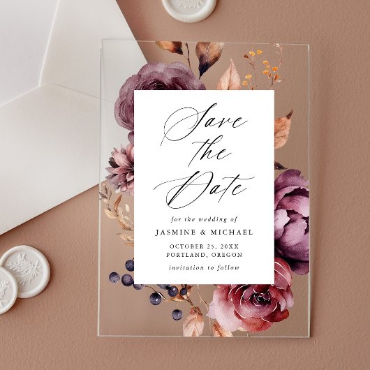 Rustic Autumn Marsala Bloem Bruiloft Save the Date Acryl Uitnodigingen