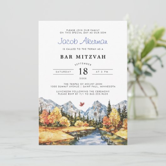 Rustic Autumn Mountain Bar Mitzvah Kaart (Staand voorkant)