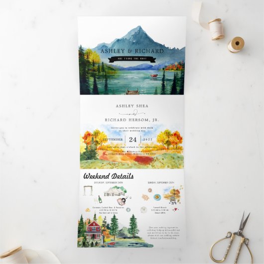 Rustic Autumn Mountain Lake | Illustratief huwelij Drieluik Uitnodiging (Binnen)
