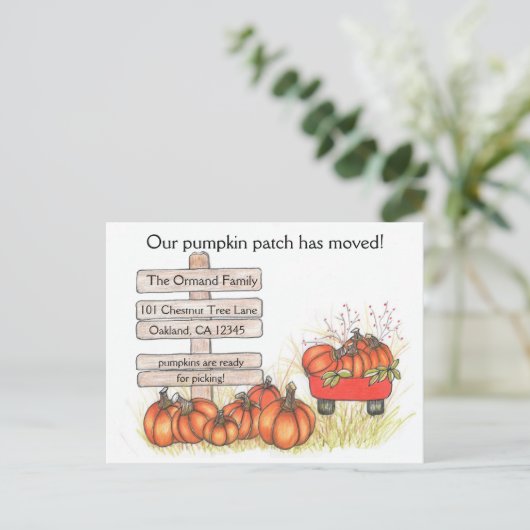 Rustic Autumn New Address Pumpkin Patch Aankondigingskaart (Staand voorkant)
