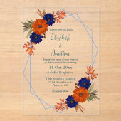 Rustic Autumn Orange Navy Blue Floral Wedding Acryl Uitnodigingen (Voorkant)
