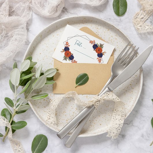 Rustic Autumn Orange Navy Blue Floral Wedding Plaatskaartje