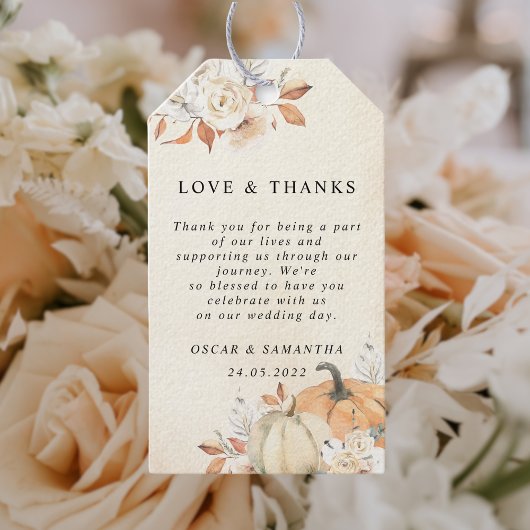 Rustic Autumn Oranje pompoenen en bloemen Cadeaulabel