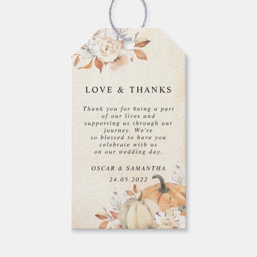 Rustic Autumn Oranje pompoenen en bloemen Cadeaulabel (Voorkant)