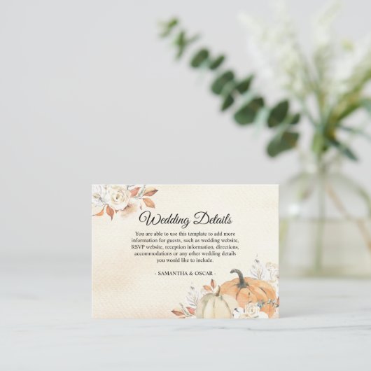 Rustic Autumn Oranje pompoenen en bloemen Informatiekaartje (Staand voorkant)