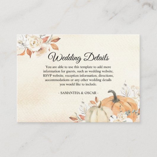 Rustic Autumn Oranje pompoenen en bloemen Informatiekaartje (Voorkant)