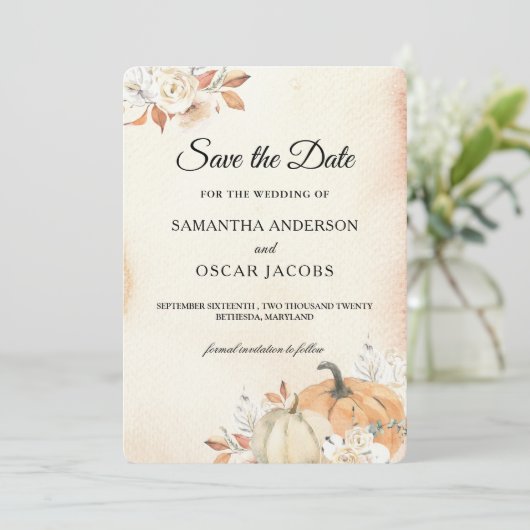 Rustic Autumn Oranje pompoenen en bloemen Save The Date (Staand voorkant)
