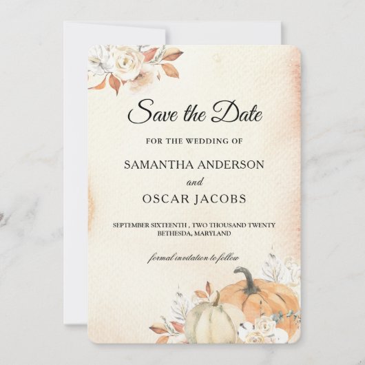 Rustic Autumn Oranje pompoenen en bloemen Save The Date (Voorkant)