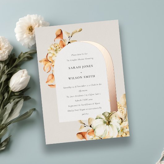 Rustic Autumn Pumpkin Arch Floral Couples Shower Folie Uitnodiging