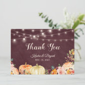 Rustic Autumn Pumpkin Burgundy Floral String Light Bedankkaart (Staand voorkant)